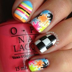 a mani with colorful designs on it