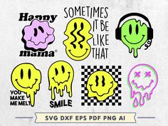 some stickers that are on the side of a white wall with words and smiley faces