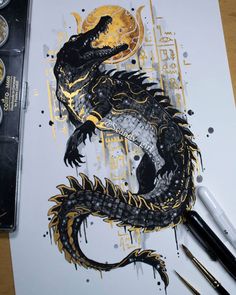 a drawing of a dragon with yellow and black paint