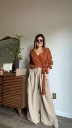 Thanksgiving Styles….. | The Thrill of the hunt Spring To Fall Outfits, Fall Orange Sweater Outfits, Wide Leg Pants Sweater Outfit, Tan And Orange Outfit, Beige Wide Leg Pants Outfit Winter, Autumn Mom Outfits, Burnt Orange Outfit Ideas, Tan Pants Outfit Fall, Burnt Orange Color Combinations Outfit