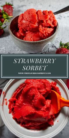 strawberry sorbet in a bowl with a spoon