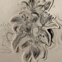 a drawing of some flowers on a piece of paper that has been cut in half