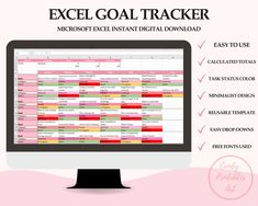 the excel goal tracker is displayed on a computer screen, with instructions for how to use it