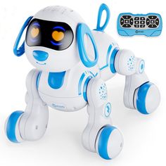 a white and blue toy dog with glowing eyes