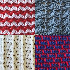 four crocheted squares are shown in different colors