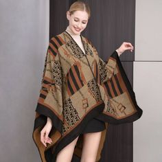 Size : 63" X 47.2" Material : 100% Acrylic Sweater Ruana, Office Sweater, Sweater Cape, Brown Border, Knit Poncho Sweater, Cape Shawl, Plaid Poncho, Kimono Sweater, Cape Sweater