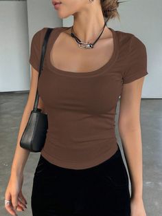 Solid Color Slim Fit Round Neck Short Sleeve T-Shirt Coffee Brown Casual  Short Sleeve Rib knit Plain  Medium Stretch  Women Clothing, size features are:Bust: ,Length: ,Sleeve Length: Brown Shirt Outfits Women, Thrift List, Brown Shirts, Queen Shirts, Brown Shirt, Coffee Brown, Slim Fit Shorts, Women T Shirts