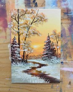 an acrylic painting of a snowy landscape with trees and stream in the foreground