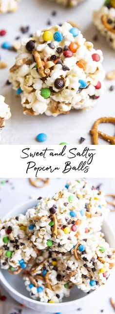 sweet and salty popcorn balls with pretzels, pretzels, and candy