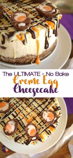 the ultimate no bake creme egg cheesecake is ready to be eaten and served