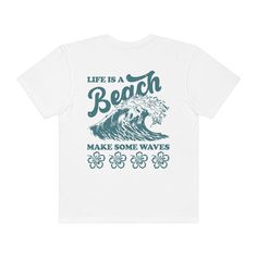 Life's A Beach Shirt. The perfect shirt for your next beach vacation or summer trip. Printed on Comfort Colors Tee ****PLEASE NOTE**** This is a standard unisex size Comfort Colors Tee. For an oversized tee, size up. If you are looking for an oversized "T-shirt Dress" look, we recommend sizing up 2 sizes. See size chart for measurements. Comfort Colors® 1717 Medium fabric (6.1 oz/yd² (206.8 g/m²)) Relaxed fit Sewn-in twill label 100% ring-spun cotton ★ Care instructions: For long-lasting print r Summer T-shirt With Sublimation Print And Relaxed Fit, Casual Pre-shrunk T-shirt For Beach, Beach T-shirt With Sublimation Print, Screen Print T-shirt For Beach Vacation, Summer Surfing Vsco T-shirt, Casual Camp Shirt With Graphic Print For Beach Season, Casual Graphic Print Camp Shirt For Beach Season, White Relaxed Fit Camp Shirt For Beach, White Relaxed Fit Camp Shirt For The Beach