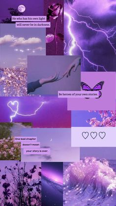 a collage of photos with purple hues and lightning