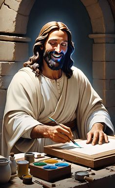 a painting of jesus holding a pen and writing on a piece of paper in front of him