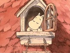 a drawing of a cat looking out the window from inside a birdhouse with a dog in it