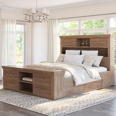 a bedroom with a large bed and wooden furniture in it's centerpieces