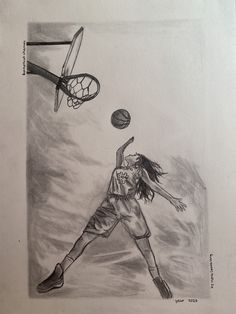 a pencil drawing of a girl playing basketball