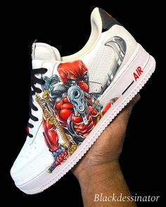 Deadpool Air Force 1 Custom Custom Trainers, Sneaker Ideas, Air Force One Shoes, Custom Sneakers Diy, Deadpool Marvel, Marvel Clothes, Kicks Shoes, Custom Nike Shoes