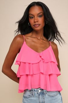 Everyone will be on your side whenever you style the Lulus Tier Me Out Hot Pink Chiffon Tiered Ruffled V-Neck Cami Top! Airy woven chiffon shapes this sunny day top with a flattering V-neckline supported by adjustable spaghetti straps. The relaxed bodice boasts tiers of fluttering ruffles as it falls to a slightly cropped hem. Fit: This garment fits true to size. Length: Size medium measures 16.5" from adjustable straps to hem. Bust: Great for any cup size. Waist: Loosely Fitted. Undergarments: Chiffon Cami Tops, Pink Cami Top, Black Top Summer, Hot Pink Tops, Pink Chiffon, Adhesive Bra, Chiffon Ruffle, Tank Top Cami, Strapless Bra