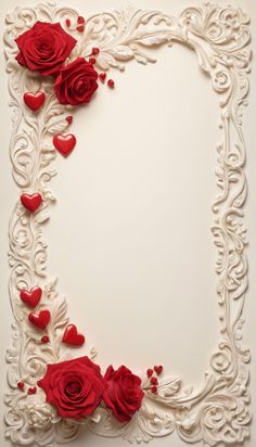 a white frame with red roses and hearts on the edges is decorated with filigrees