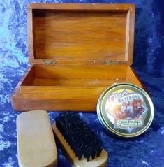 Traditional Shoe Shine Kit in Wooden Box, an upcycled item which includes 2 brushes and a tin of polish 20.5cm long x 11.5cm deep x 5cm high Shoe Shine Kit, Cleaning Items, Shoe Shine, Shoe Insoles, Shoe Care, Wooden Box, Wooden Boxes, Wedding Gifts, Tin