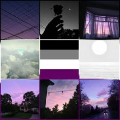 a collage of different pictures with the sky and clouds in purples, black and white