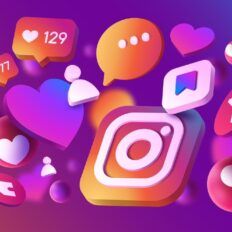 colorful social media icons are floating in the air with hearts and arrows around them on a purple background