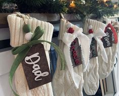 These personalized Christmas stocking tags are the perfect addition to your holiday decor. Each tag is custom-cut and stained a dark walnut color, includes a custom-cut script name, bow, beads, and twine for hanging. Pick your text and bow color! DETAILS:• 2.25" w x 4" h, stained walnut wood• Hand-painted script name• Pet bone features an engraved paw print• Choose your text colorPlease type your bow color preference in the notes section. Choose from white, green, red, and tan. White bow is a di Diy Custom Stocking, Custom Stockings Christmas, Coaster Inspiration, Stocking Labels, Creative Handmade Gifts, Bow Beads