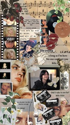 a collage of photos and words with various pictures on them, including an image of a woman's face