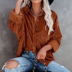 Corduroy Shacket Burnt Orange Pumpkin Rust Long Sleeve Button Up Shirt Never Worn Medium Oversized Corduroy Shirts, Kate Fashion, Corduroy Blouse, Blouses Long Sleeve, Corduroy Top, Style On A Budget, Casual Blouses, Long Sleeve Blouses, Leopard Jacket