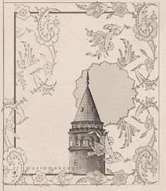 an old drawing of a tower with a clock on it's side and flowers around the top