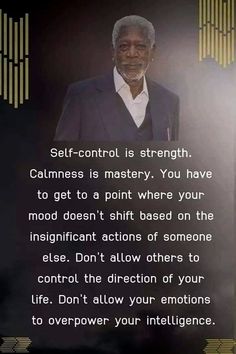 an older man standing in front of a black background with a quote on it that says self - control is strength