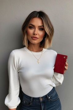 Bob Haircut Balayage Brunettes, Short Hair In Your 40s, Short Brown Bob With Money Piece, Long Sleek Bob, Hair Color Ideas For Shoulder Length, Fall Balayage Short Hair, Short Sandy Blonde Hair, Short Hair Summer 2024, Miranda Derrick Hair