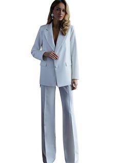 2-piece womens blazer trouser suit for office, business meetings, formal events and special occasions DETAILS -  straight long pants -  high rise -  blazer is buttoned -  blazer is characterized by uneven bottom: back is longer than the front part -  lined MATERIAL Premium quality suiting fabric, which consists of viscose mostly and a bit of polyester and elastane SIZES The models in photos are wearing a size S (4) Available in 4 sizes: 2 US numeric  BUST 32-34 inches or 82-86 cm WAIST 23-24.8 i Elegant Pantsuit With Lapel Collar For Office, Elegant Office Pantsuit With Lapel Collar, Elegant Office Wear Pantsuit With Notch Lapel, Office Pantsuit With Lapel Collar In Solid Color, Solid Lapel Collar Pantsuit For Office, Solid Color Pantsuit With Lapel Collar For Office, Formal Pantsuit With Lapel Collar, Chic Lapel Collar Suits For Weddings, Formal Solid Color Pantsuit With Lapel Collar