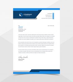 a letterhead for a company with blue and white accents on the front, and an envelope