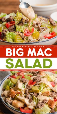 Satisfy your burger craving with this ground beef Big Mac Salad! Not only does this dinner salad pack a punch from a homemade Big Mac sauce as the dressing, but it is also healthy. This simple side dish recipe is also great for potlucks! 1000 Calorie, Chicken Honey, Big Mac Salad, Mac Salad, Atkins Recipes, Boiled Egg Diet Plan, Low Carb Lunch, Low Carb Diet Recipes, Low Carb Dinner Recipes