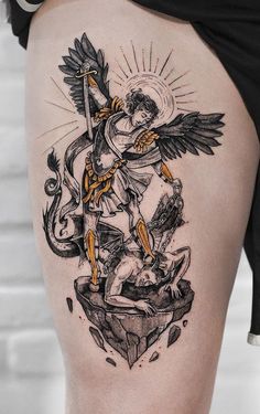 Archangel Michael Tattoo, St Michael Tattoo, Archangel Tattoo, Angel Tattoo Designs, Religious Tattoos, Mythology Tattoos, San Michele, Up Tattoos