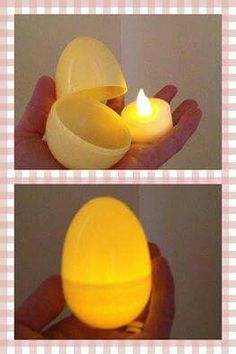 a person holding an egg in their hand with a lit candle inside it and two pictures of the same one