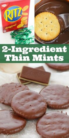 two ingredient thin mints with chocolate on top and an image of cookies in the background