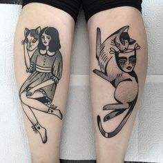 two tattoos on the legs of women with cats and woman sitting on top of each other