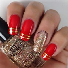 55 Gorgeous Metallic Nail Art Designs | Cuded Metallic Nail Art, Gold Nail Designs, Gold Nail Art, Red Manicure, Gold Glitter Nails, Red Nail Designs