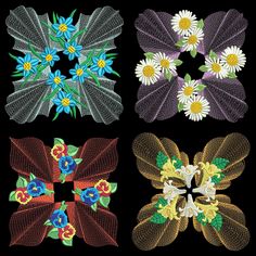 four different types of embroidery designs on black fabric with white daisies and blue flowers