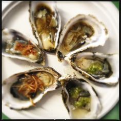 a white plate topped with oysters covered in sauce