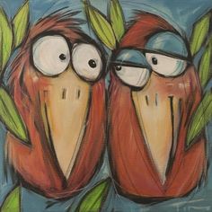 two birds with glasses on their faces sitting next to each other in front of leaves