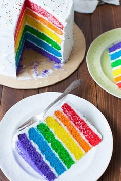 a slice of rainbow cake on a plate