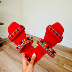 Handmade Sandals. I Make Them At Home. Red Round Toe Flip Flops For Beach Season, Red Round Toe Flip Flops For Beach, Red Trendy Open Toe Flip Flops, Trendy Red Open Toe Flip Flops, Red Bohemian Sandals For Spring, Adjustable Red Flip Flops For Beach, Adjustable Red Open Toe Flip Flops, Red Adjustable Trendy Sandals, Adjustable Red Flip Flops