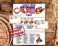 rodeo party printables with cowboy hats and lasso on the side, including an instant