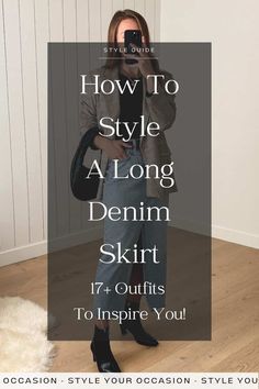 Style Denim Long Skirt, Long Jean Skirt Outfits For Work, Denim Skirt For Work, Denim Skirt Outfit Office, Midi Jean Skirt Outfits Casual, Demin Midi Skirt, Long Denim Jean Skirt Outfits, Long Skirt Fashion Casual Street Styles, Spring Jean Skirt Outfits