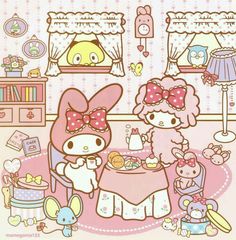 an image of hello kitty eating dinner in the living room with other animals and toys