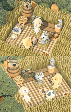 two pictures of an animal picnic in the grass