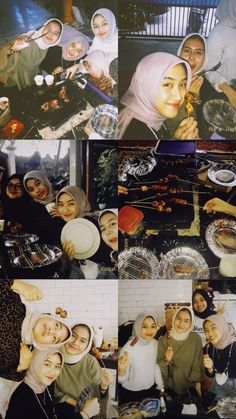 a collage of pictures with women in headscarves and plates on the table